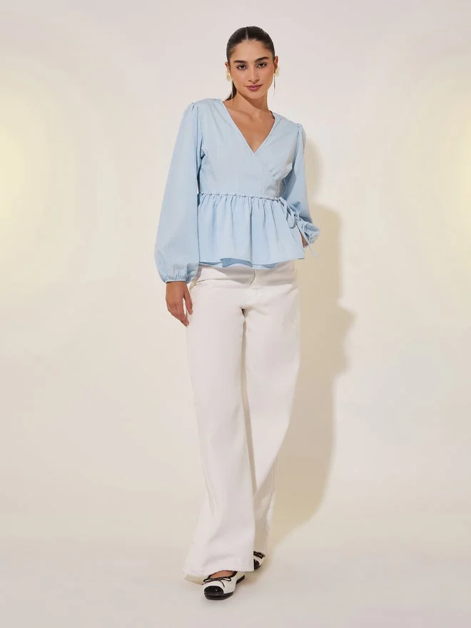 Take Two Take Two Solid Long Sleeve Pearl Detail Wrap Top