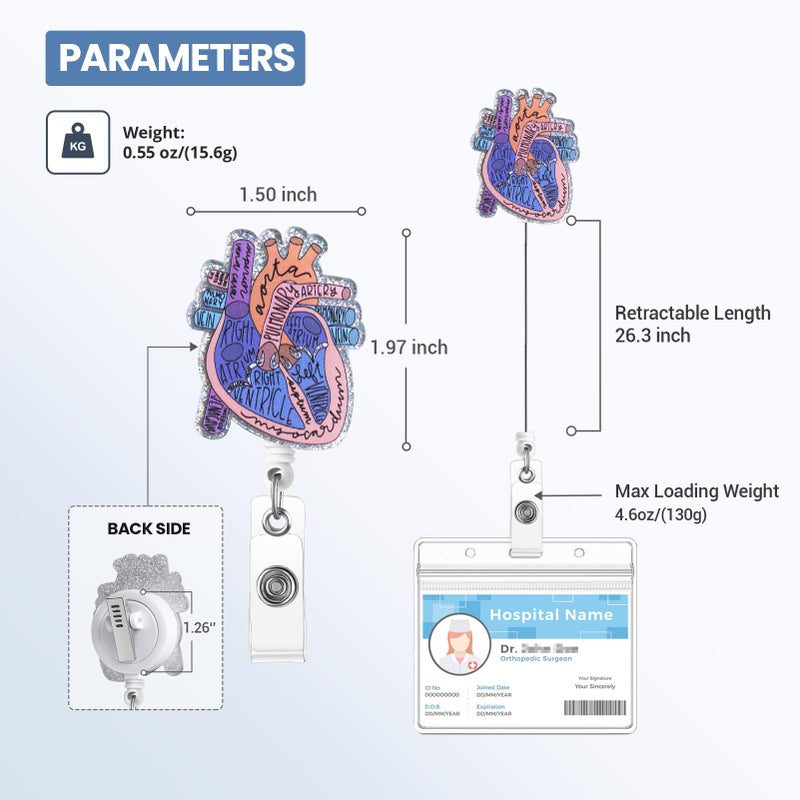 ITOKEY Cardiac Badge Holder Anatomy Funny Nurse Name Tag Holder Heart Retractable Reel ID Card Clip Pediatrics Nursing Badge Clips Medical Assistant for Doctor Student Teacher Office Clinic - Image 3