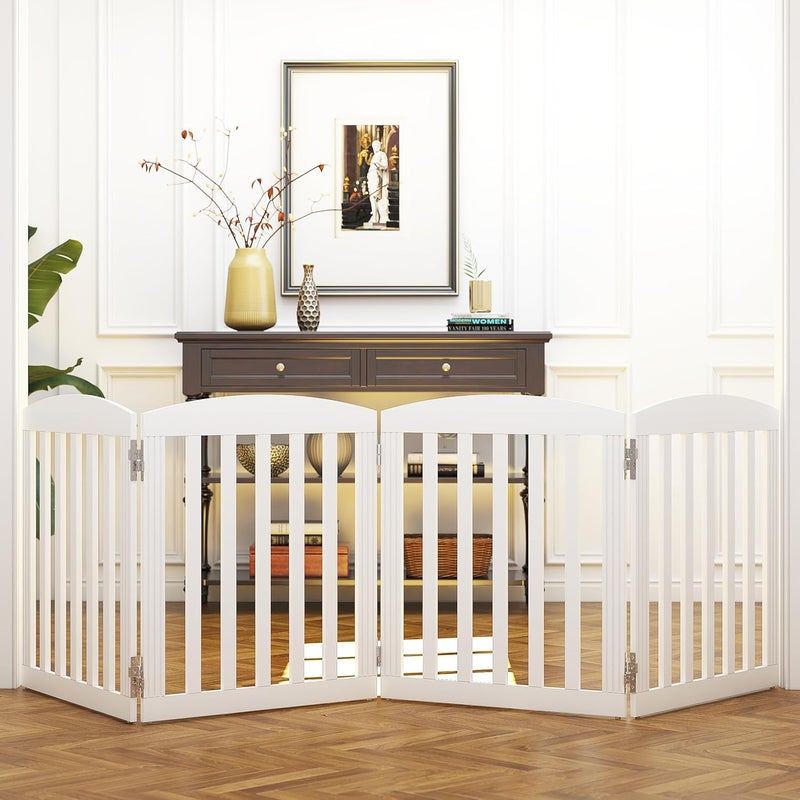 SPIRICH 96 Extra Wide 28 Tall Wooden Freestanding Foldable Dog Gate Pet Gate Indoor 4 Panels White - Image 1