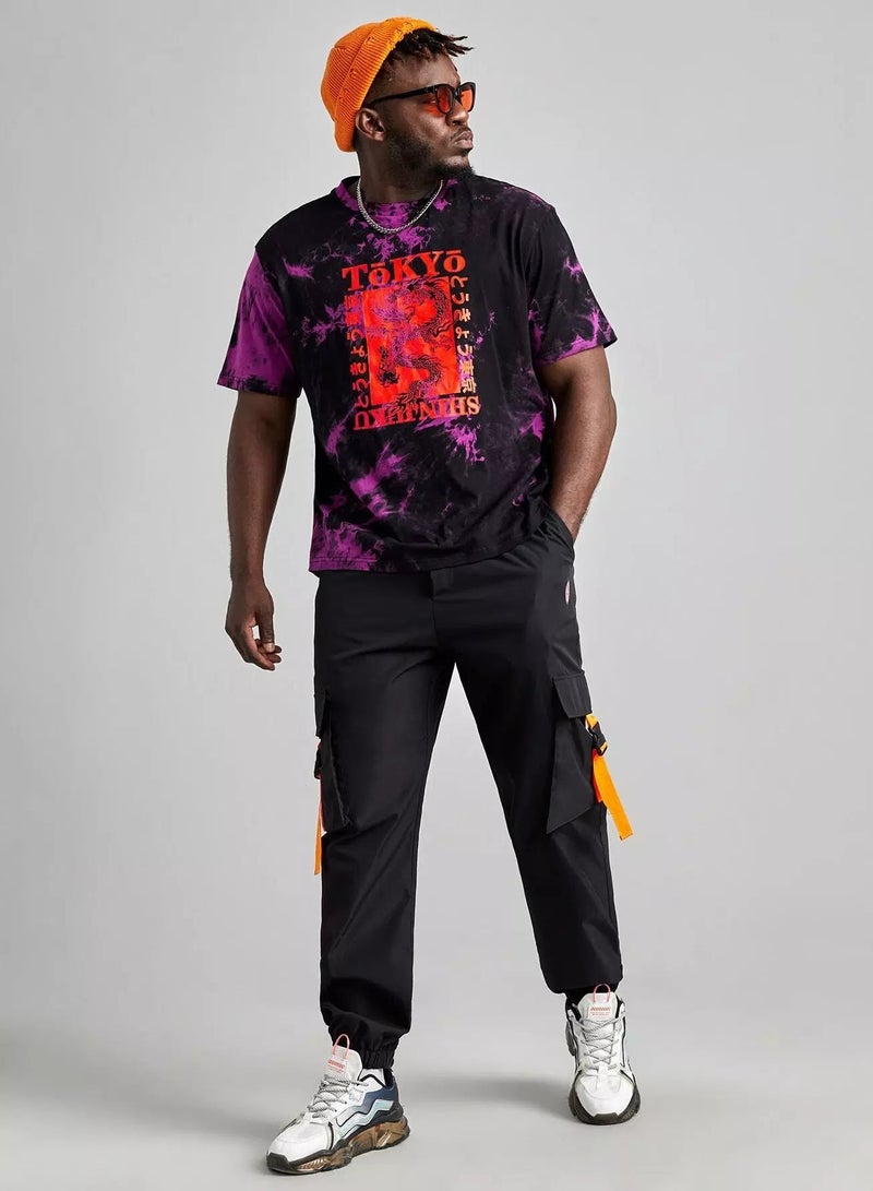 Men Tie Dye Japanese Letter & Chinese Dragon Graphic Tee - Image 5
