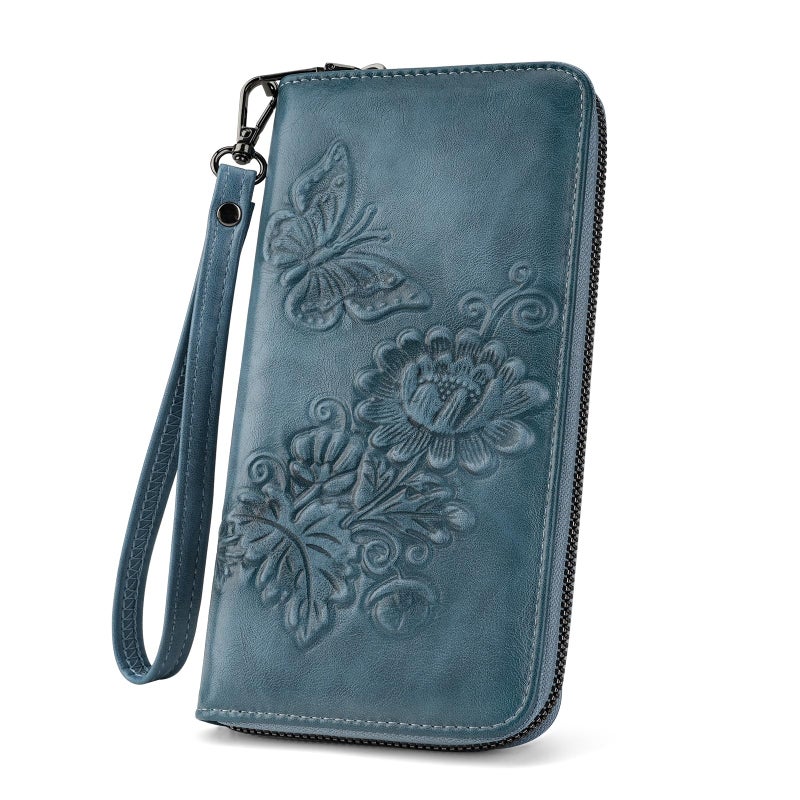 VIMUTI Womens Wallets Rfid Blocking Clutch Long Wallet for Women,Large Capacity Ladies Wallets with Card Slots and Phone Holder Embossed Flower Leather Travel Purse Wristlet Blue - Image 1