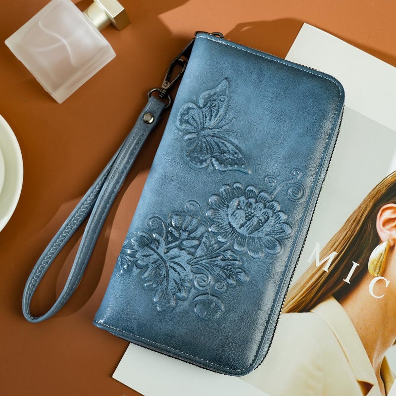VIMUTI Womens Wallets Rfid Blocking Clutch Long Wallet for Women,Large Capacity Ladies Wallets with Card Slots and Phone Holder Embossed Flower Leather Travel Purse Wristlet Blue - Image 3
