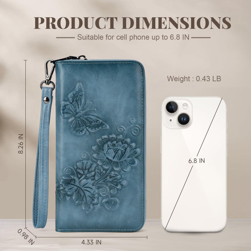 VIMUTI Womens Wallets Rfid Blocking Clutch Long Wallet for Women,Large Capacity Ladies Wallets with Card Slots and Phone Holder Embossed Flower Leather Travel Purse Wristlet Blue - Image 5