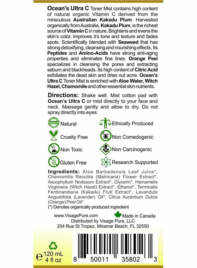 Visage Pure Ocean's Ultra C - Brightening and Detoxifying Anti-Aging Face Toner - - Tightens and Clarifies The Skin and Minimizes Its Pores-USDA Organic-Physician Formulated-Research Supported - Image 3