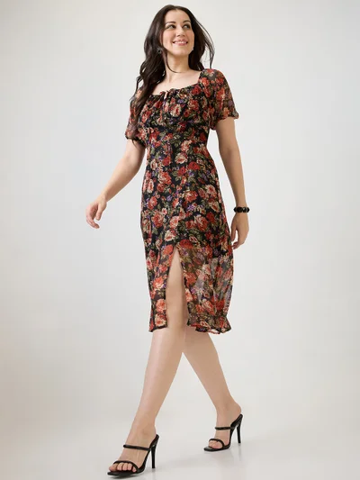 globus Women Black Allover Floral Printed Tie-Up Square Neck Puff Sleeves Side Slit Fit & Flare Midi Dress