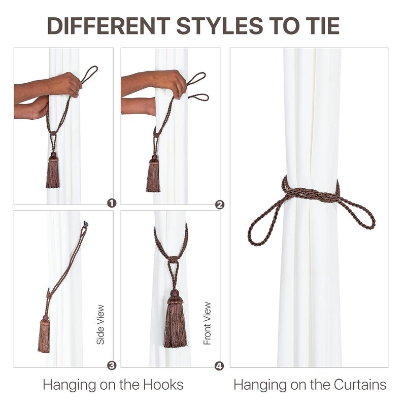 Deco Window Fadeless 2 Pcs Curtain tiebacks Rope with Tassel Designer Drapery Holdbacks Door Window Curtain Hooks for Sheer and Blackout Panels Brown - Image 5