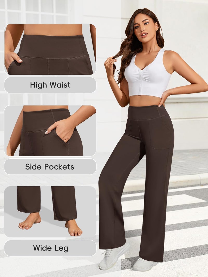 FireSwan Yoga Pants Women Wide Leg Pants High Waist Stretch Dress Loose Casual Lounge Sweatpants with Pockets Brown - Image 5