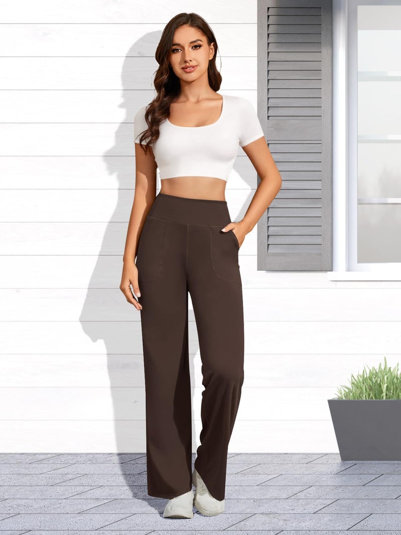 FireSwan Yoga Pants Women Wide Leg Pants High Waist Stretch Dress Loose Casual Lounge Sweatpants with Pockets Brown - Image 3