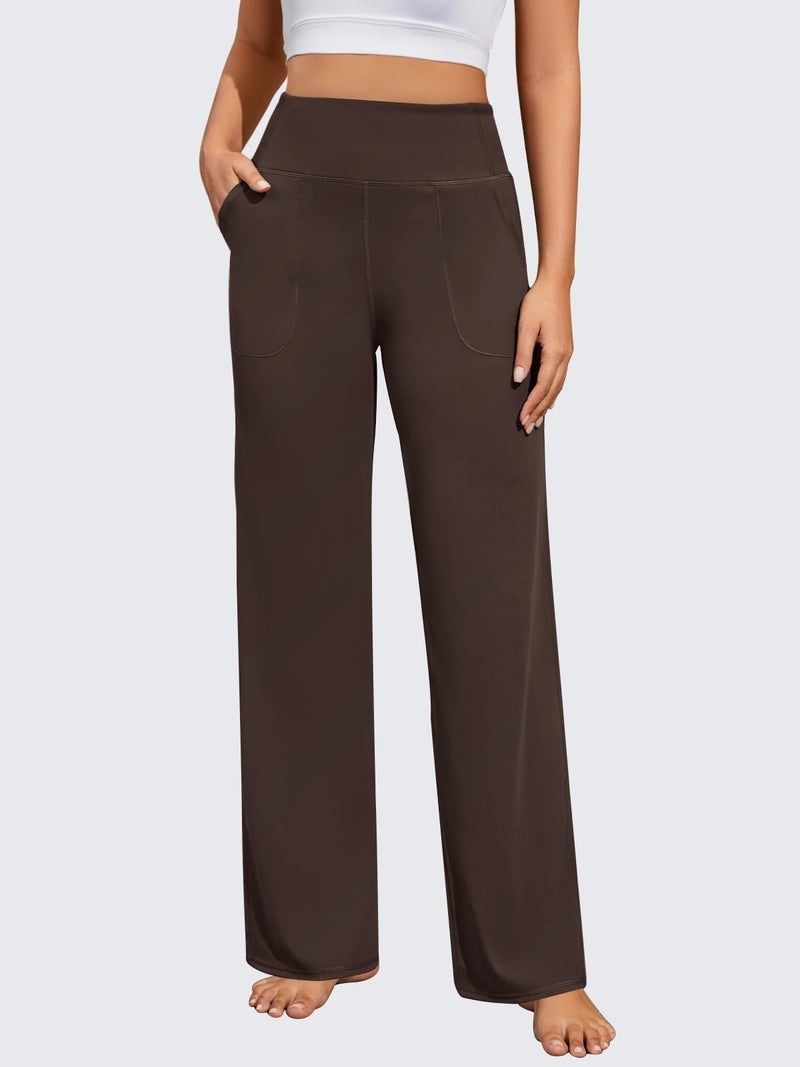 FireSwan Yoga Pants Women Wide Leg Pants High Waist Stretch Dress Loose Casual Lounge Sweatpants with Pockets Brown - Image 2