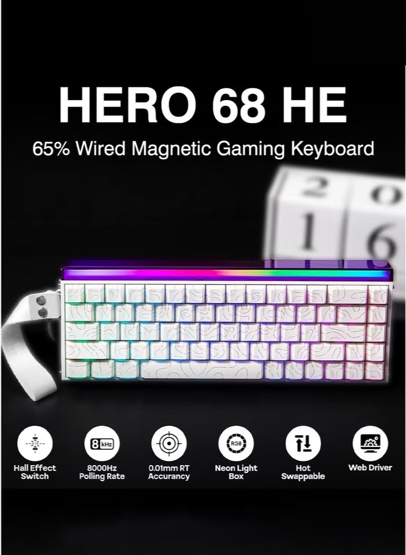 أولا AULA Hero 68HE RGB لوحة مفاتيح الألعاب ، 65٪ سلكية ، محرك قابل للتعديل ، مفتاح مغناطيسي تأثير هول ، معدل استجواب 8KHz ، الإضاءة الخلفية RGB ، صناديق ضوء النيون ، تركيب المنصات ، غطاء مفاتيح مطبوعة على الجانب (أبيض) - Image 1