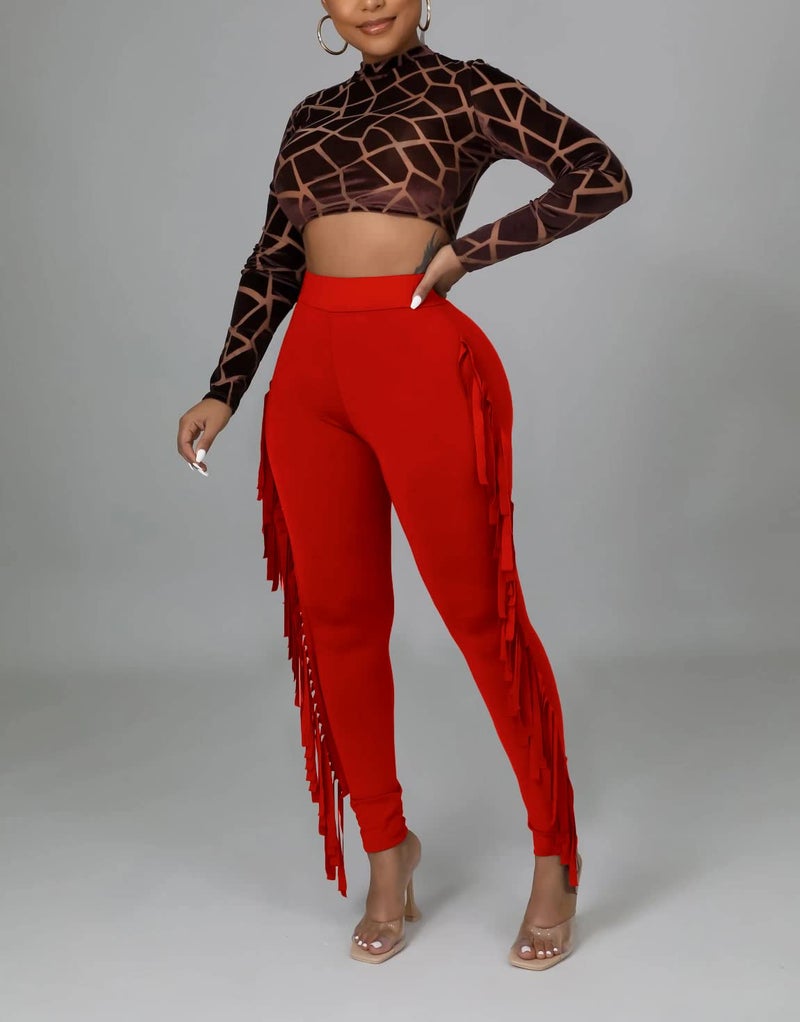 Choichic Women's Casual Slim Fit High Waisted Elastic Waist Fringe Pants Trousers Tassels Side Long Pants Jogger Sweatpant Red Large - Image 3