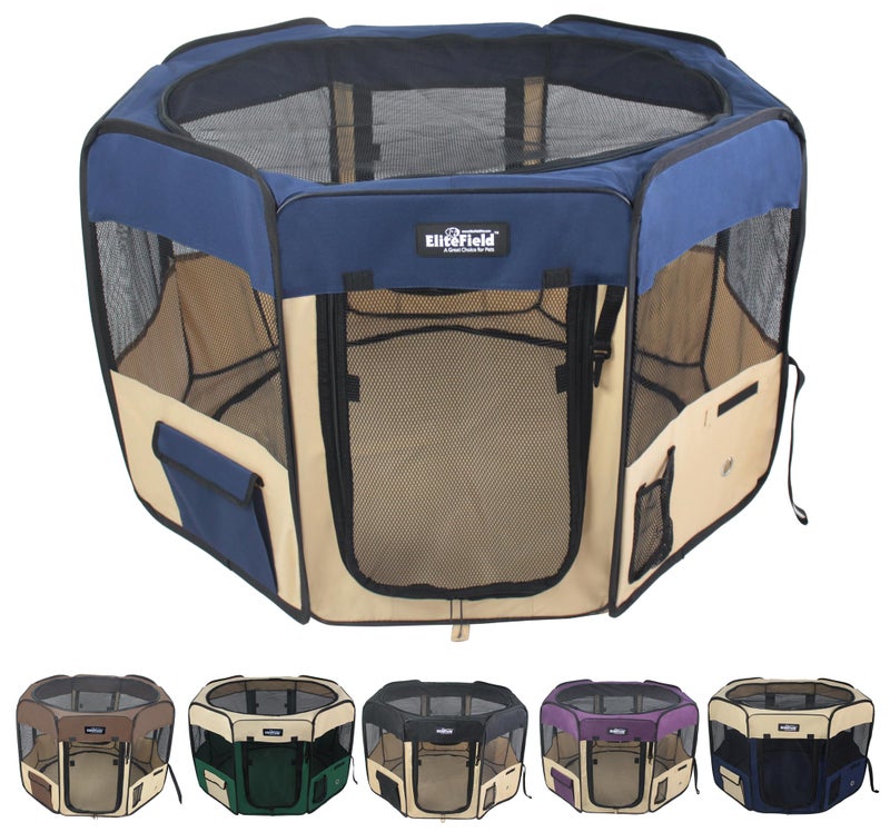 EliteField 2Door Soft Pet Playpen 2 Year Warranty Exercise Pen Multiple Sizes and Colors Available for Dogs Cats and Other Pets 42 x 42 x 24H Navy BlueBeige
