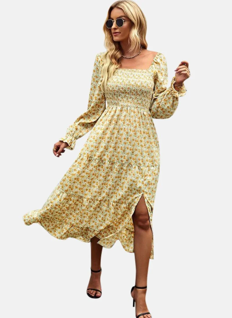 YUNIQEE Yellow Printed Fit and Flare Midi Dress