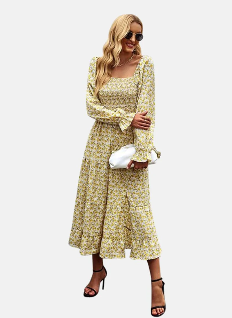 YUNIQEE Yellow Printed Fit and Flare Midi Dress