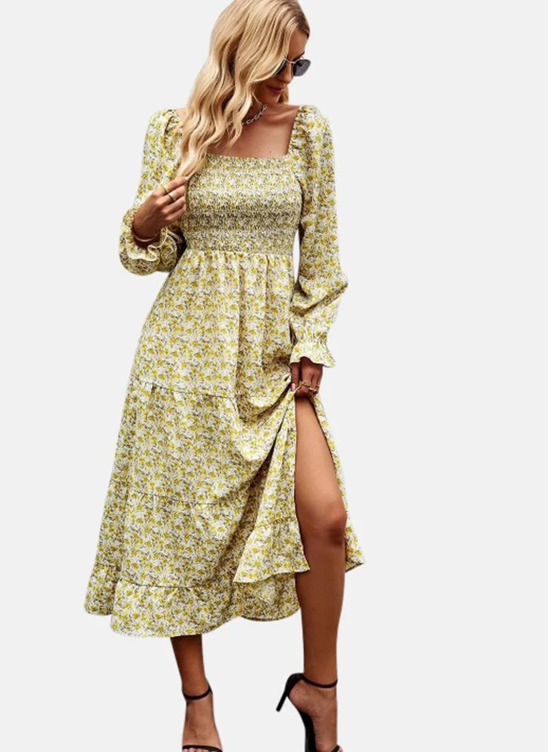 YUNIQEE Yellow Printed Fit and Flare Midi Dress