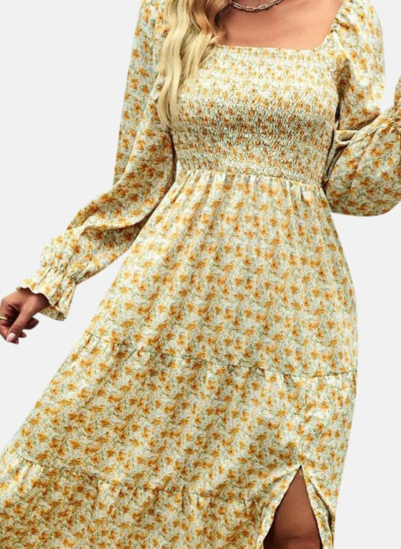 YUNIQEE Yellow Printed Fit and Flare Midi Dress