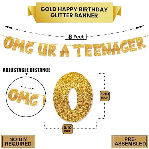 TrifleArte OMG UR A Teenager Banner | 13th Birthday Party Golden Glitter Banner | Party Decorations and Supplies | Official Teen Celebration Decor | Pre-assembled, No DIY Needed - Image 4