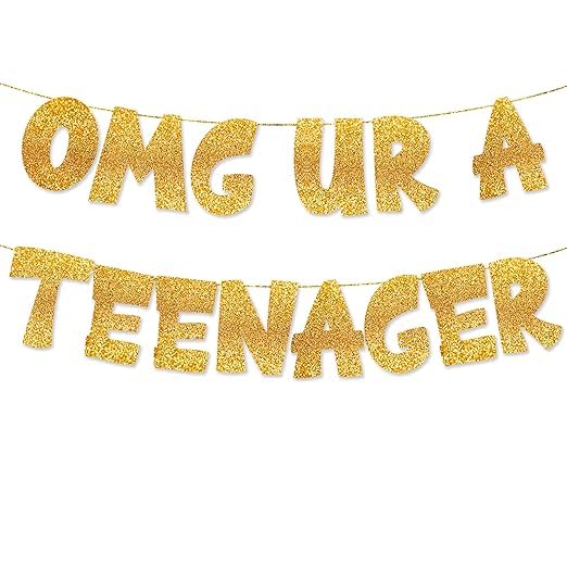 TrifleArte OMG UR A Teenager Banner | 13th Birthday Party Golden Glitter Banner | Party Decorations and Supplies | Official Teen Celebration Decor | Pre-assembled, No DIY Needed - Image 1