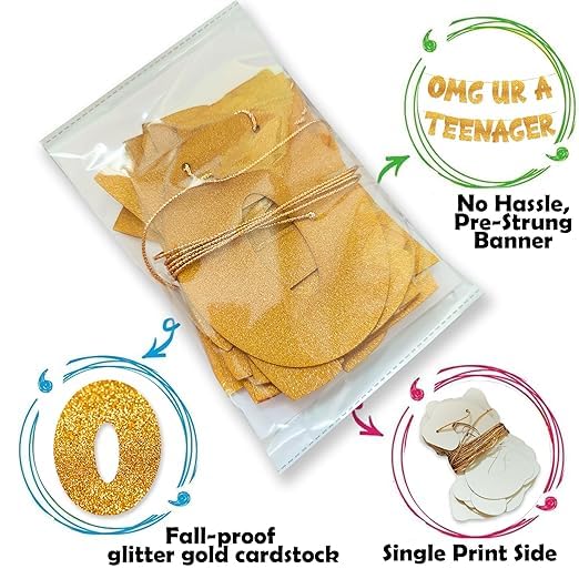 TrifleArte OMG UR A Teenager Banner | 13th Birthday Party Golden Glitter Banner | Party Decorations and Supplies | Official Teen Celebration Decor | Pre-assembled, No DIY Needed - Image 3
