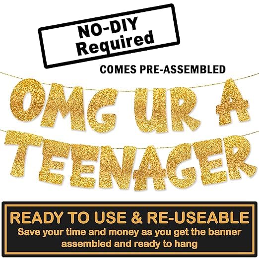 TrifleArte OMG UR A Teenager Banner | 13th Birthday Party Golden Glitter Banner | Party Decorations and Supplies | Official Teen Celebration Decor | Pre-assembled, No DIY Needed - Image 2