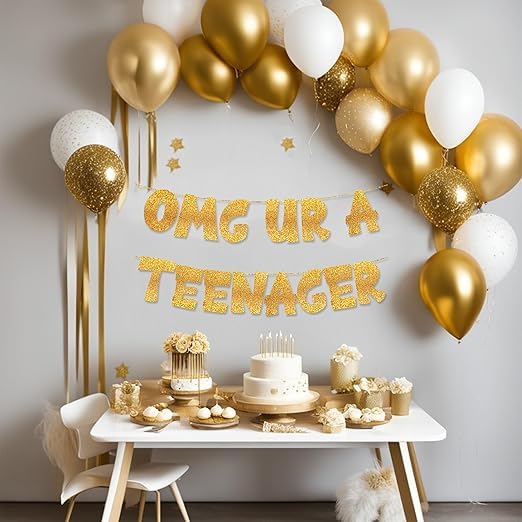 TrifleArte OMG UR A Teenager Banner | 13th Birthday Party Golden Glitter Banner | Party Decorations and Supplies | Official Teen Celebration Decor | Pre-assembled, No DIY Needed - Image 5