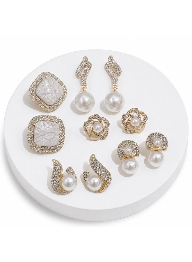 Nevara Luxury French Vintage Earrings Set of 5 Pairs – Faux Pearl & Fired Glass Stud & Dangle Earrings for Parties, Weddings, Evening Events & Daily Elegance - Image 1