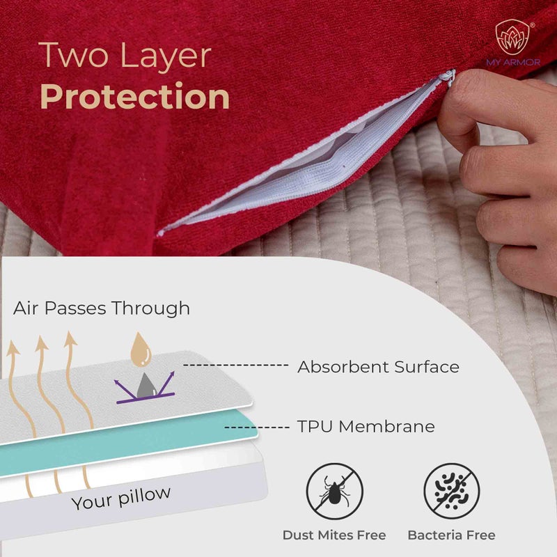 MY ARMOR Waterproof & Dustproof Cotton Terry Pillow Protectors, 220+ GSM Standard Size Pillow Cover, Set of 2, Grey (18" x28") - Image 3