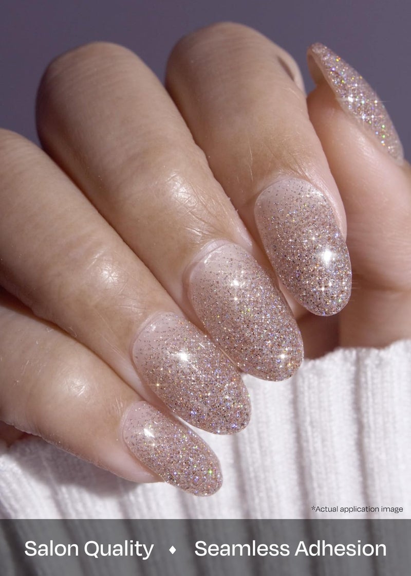ohora Semi Cured Gel Nail Strips (N Basic Nails no.3) - Nude, Glitter, Works with Any UV/LED Lamps, Salon-Quality, Long Lasting, Easy to Apply & Remove - Includes 2 Prep Pads, Nail File & Wooden Stick - Image 4