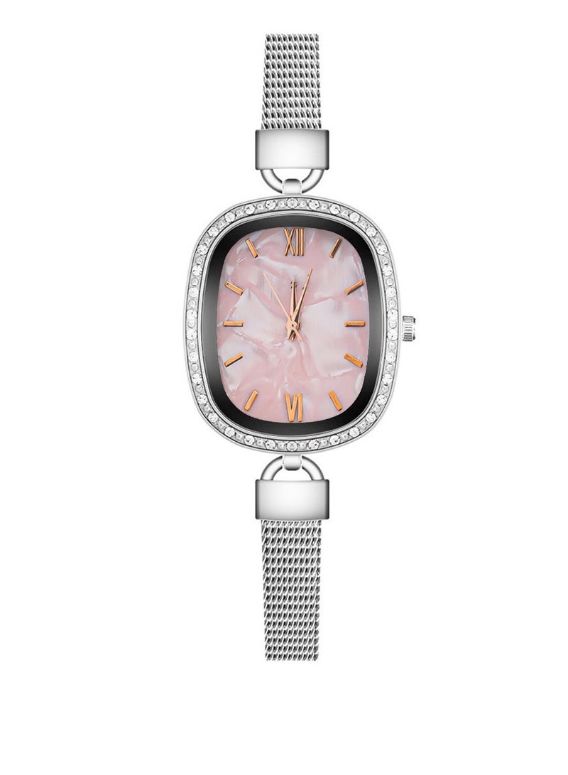 Women's watch with diamond, fine mesh bracelet, quartz women's watch, personalized mother-of-pearl oval watch (pink)  - Image 1