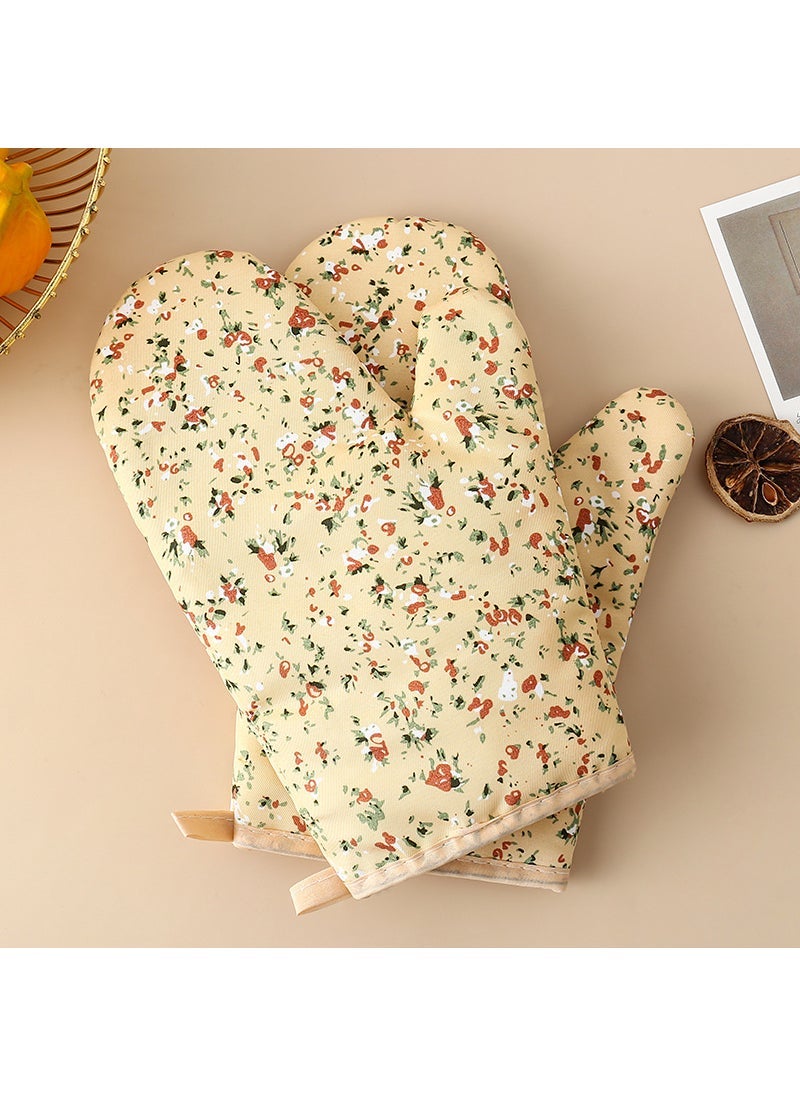 Pastoral Style Thickened Heat Insulation Gloves Oven Baking Polyester Cotton Wear-resistant Microwave Gloves Kitchen Anti-scalding Gloves in Stock Small yellow flower