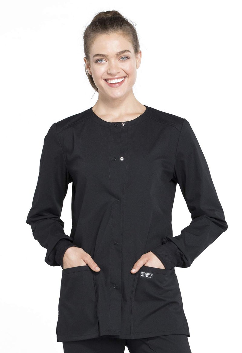 Cherokee Snap Front Scrub Jackets for Women, Workwear Professionals Soft Stretch WW340, S, Black - Image 1