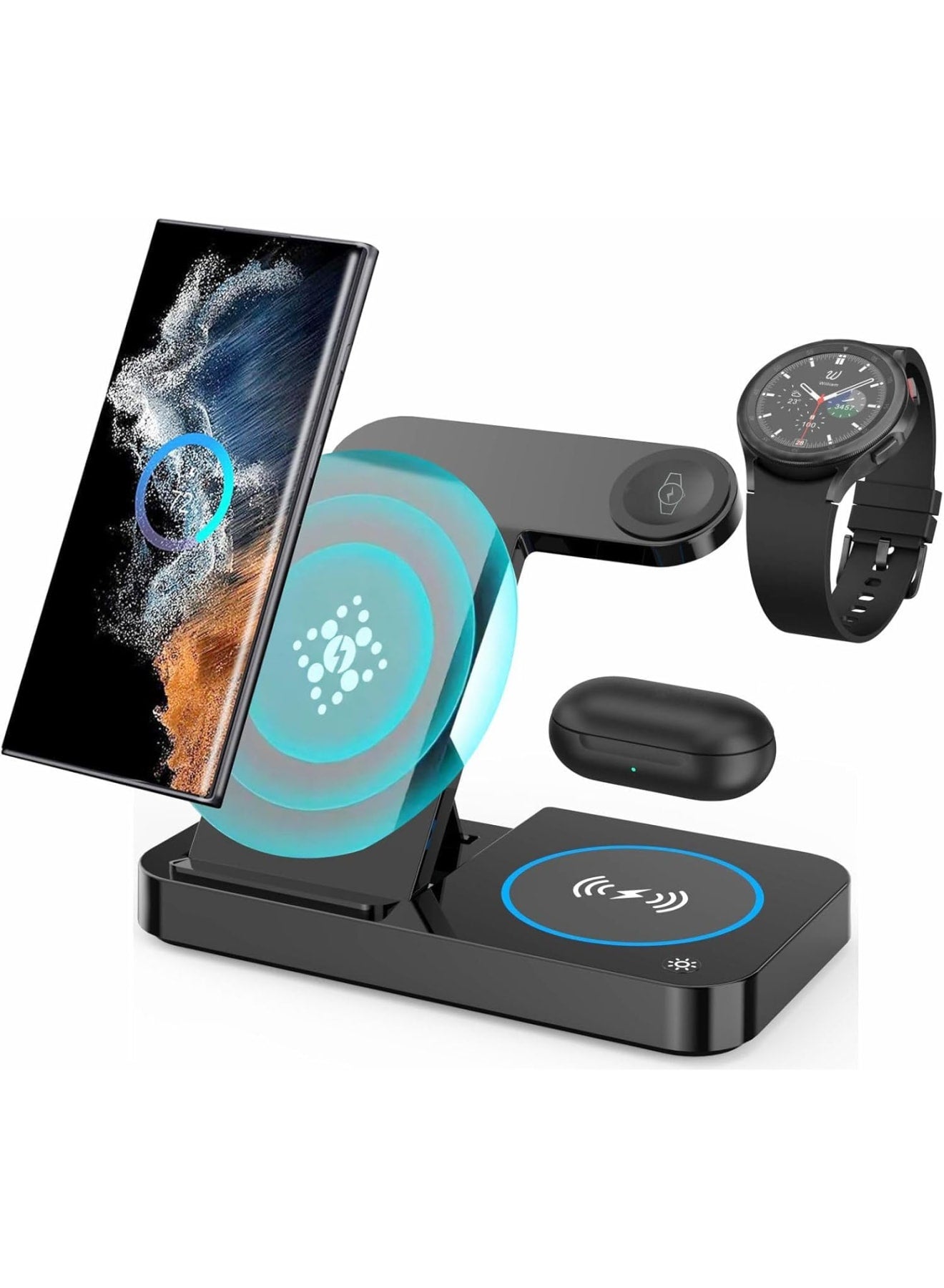 Wireless Charging Station for Galaxy S25 S24 S23 S22 Z Flip 7 Fold 6, 3-in-1 Portable & Foldable Travel Charger Stand with LED Light, Dock Charger Station for Galaxy Watch 7 6 5 Buds