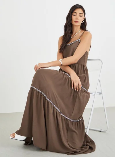 Styli Solid Strappy Tiered Maxi Dress