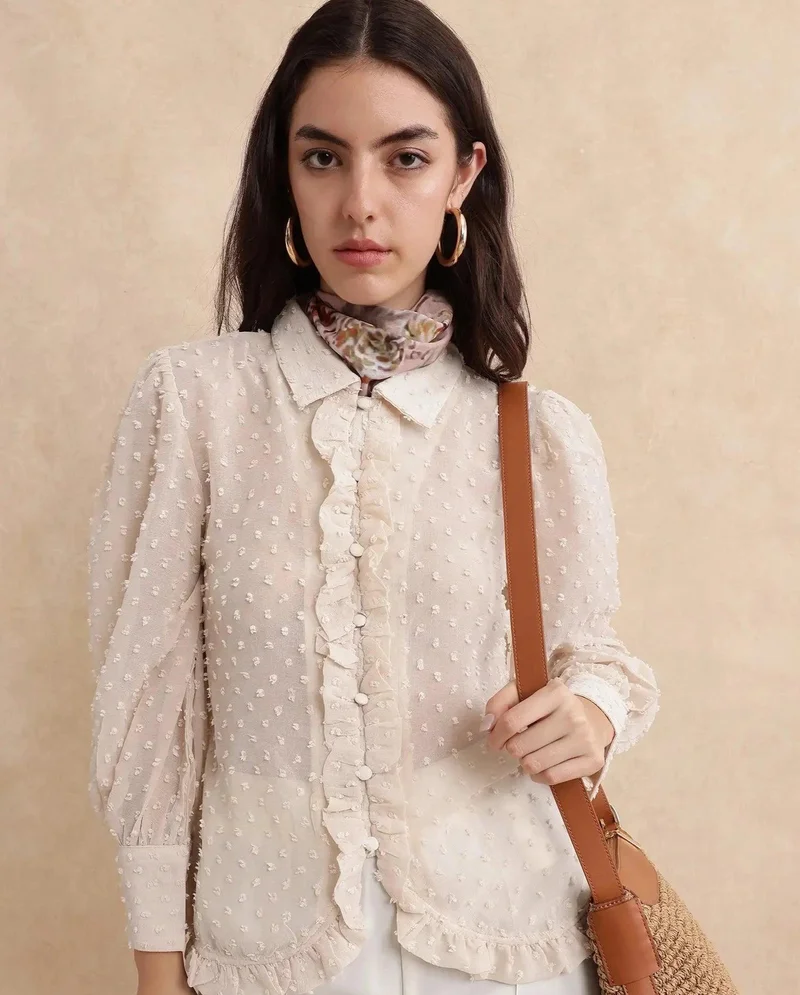 Rareism Women's Collared Top With Ruffle Detail