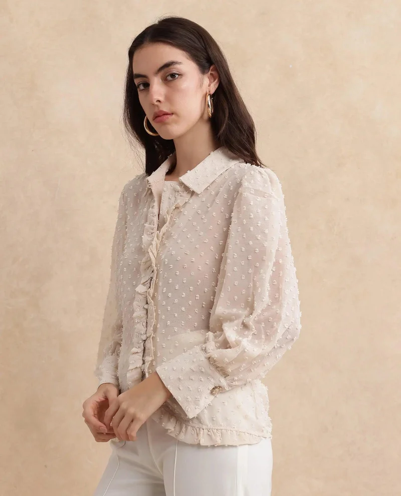 Rareism Women's Collared Top With Ruffle Detail