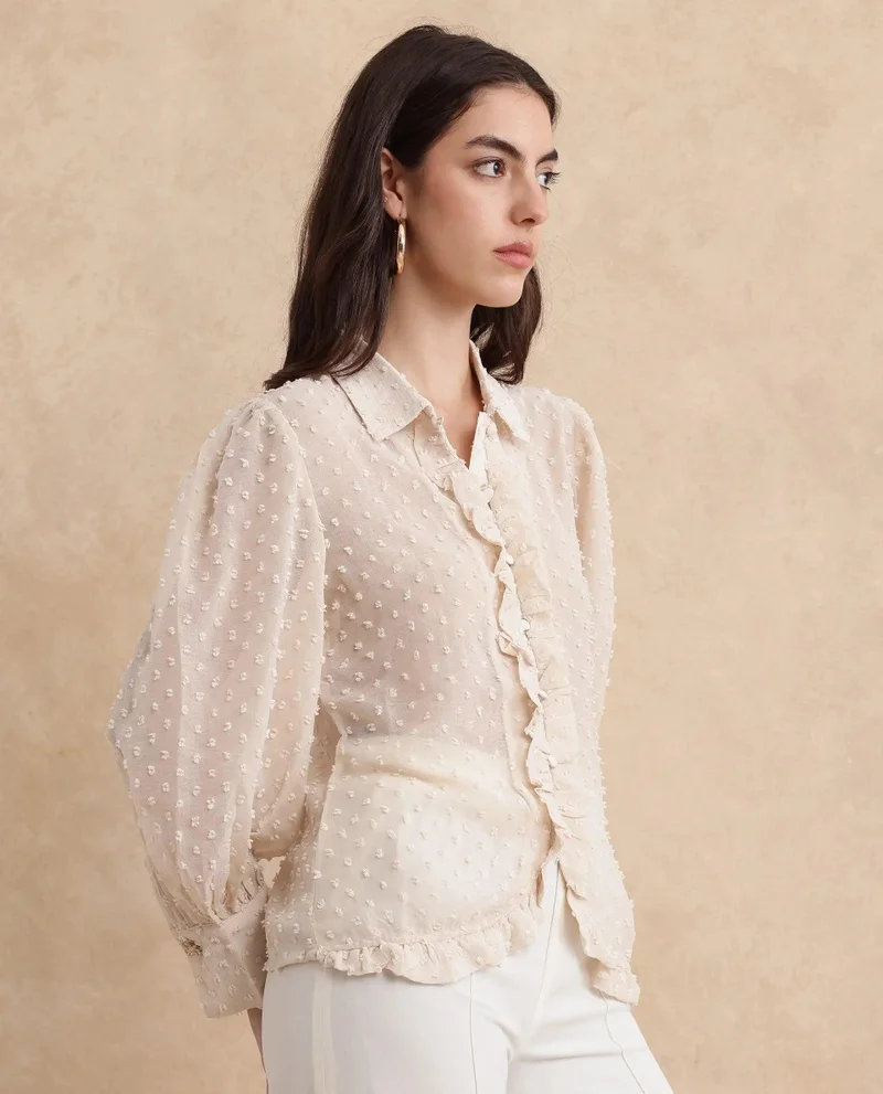 Rareism Women's Collared Top With Ruffle Detail