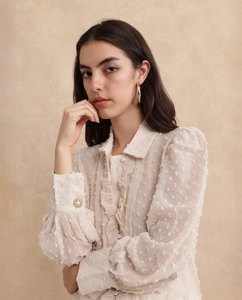 Rareism Women's Collared Top With Ruffle Detail