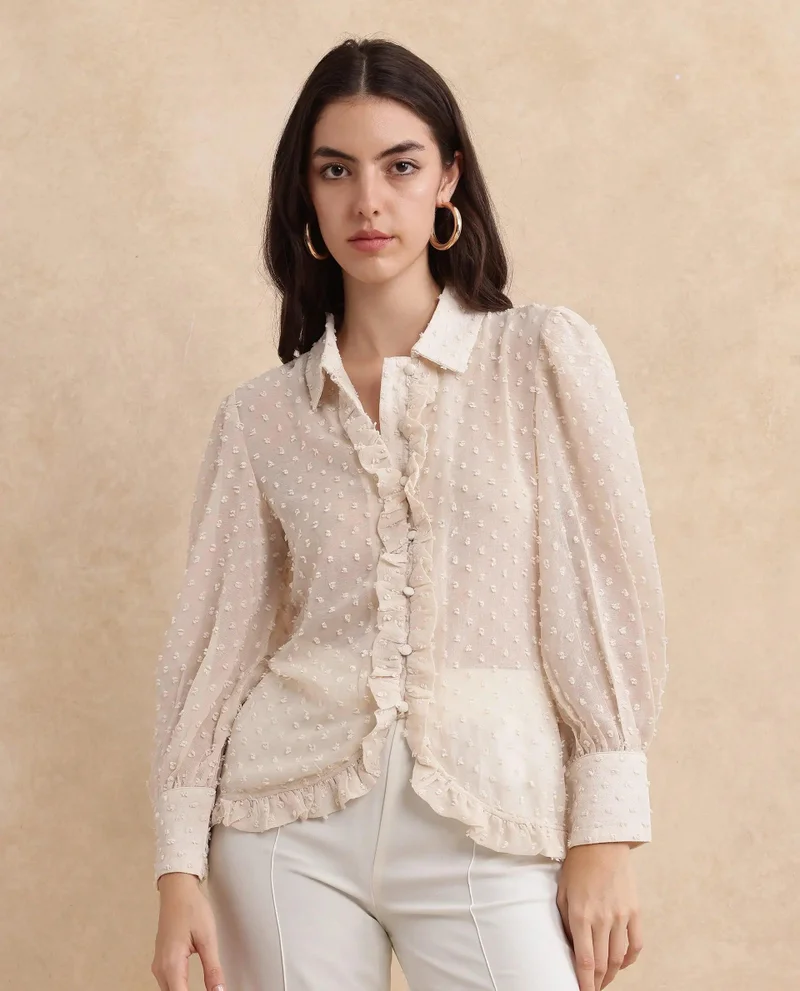 Rareism Women's Collared Top With Ruffle Detail