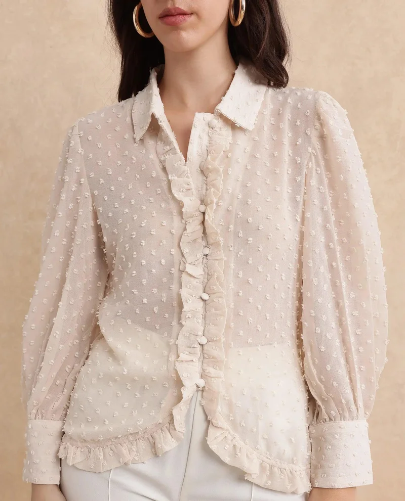 Rareism Women's Collared Top With Ruffle Detail