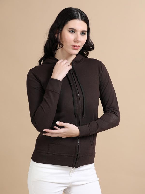 Wafaa Women's Cotton Plain Hooded Neck Full Zipper Steel Coffee Brown Color Regular Fit Sweatshirt Hoodies with Kangaroo Pocket 3XL Size - Image 4