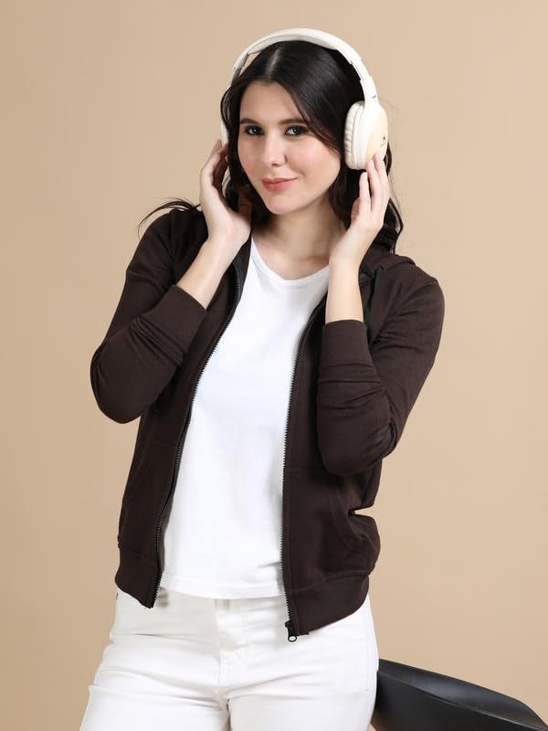 Wafaa Women's Cotton Plain Hooded Neck Full Zipper Steel Coffee Brown Color Regular Fit Sweatshirt Hoodies with Kangaroo Pocket 3XL Size - Image 3