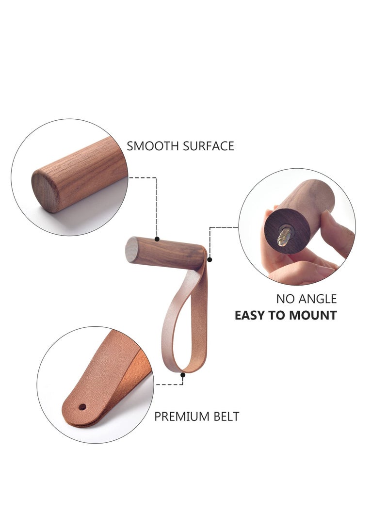 3 Pack Wooden Coat Hooks, Black Walnut,Entryway Wall Hangers, Wall Pegs Wall Mounted Vintage Single Hangers with PU Leather Wall Straps for Hanging Coats Hats Bags Towels(16cm*8.6cm *3cm)