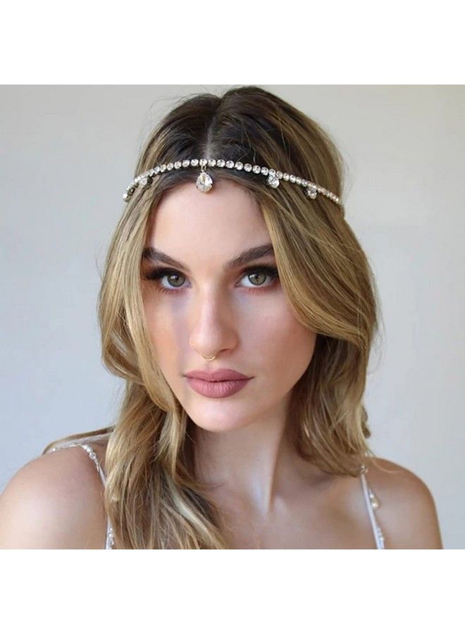 Fdesigner سلسلة رأس الزفاف مزينة بالأحجار الكريمة عتيقة للعروس إكسسوارات شعر بوهو تاج رأس للنساء لمناسبات الحفلات والمهرجانات (فضي بوهو) - Image 2