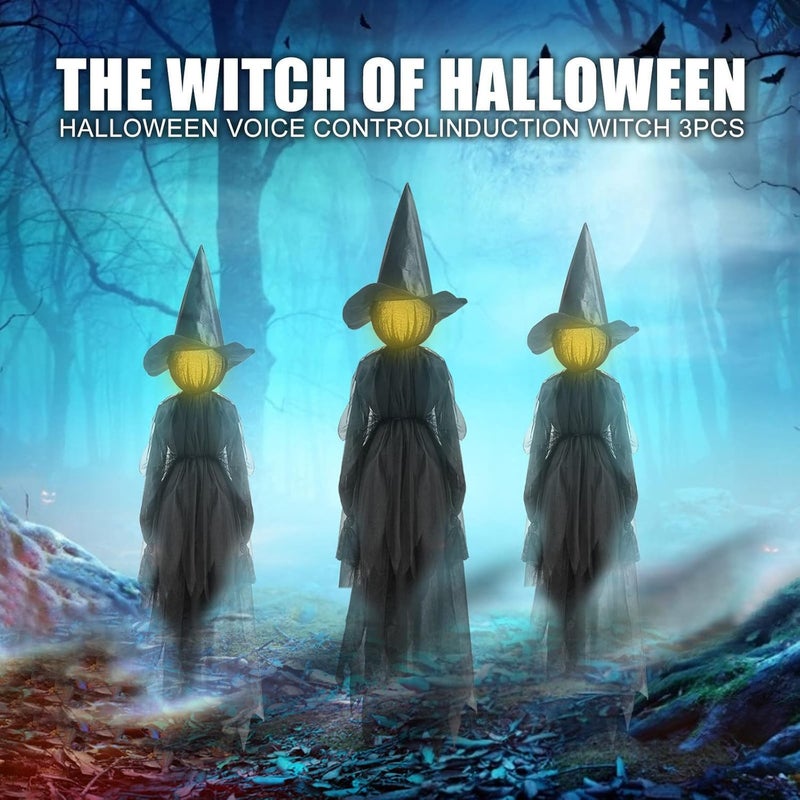 woobles Halloween decors Witch Decor,Sound-Activated Sensor Light-UP Witches,Holding Hand Witch Waterproof Glowing Stake,Life Size Scary Halloween Outside Yard Garden Party Decor (Set of 3) Set of 3 - Image 2