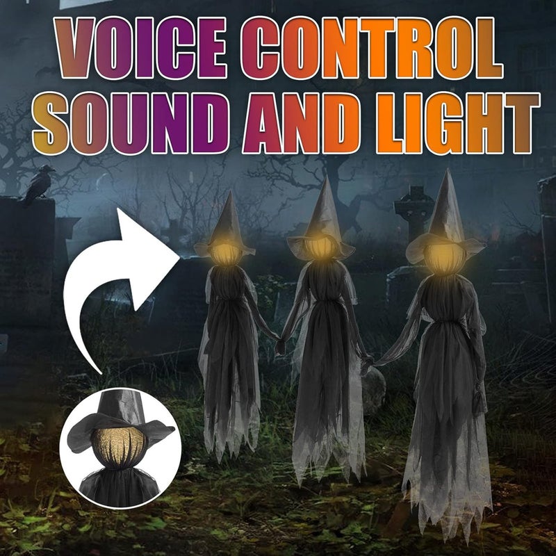 woobles Halloween decors Witch Decor,Sound-Activated Sensor Light-UP Witches,Holding Hand Witch Waterproof Glowing Stake,Life Size Scary Halloween Outside Yard Garden Party Decor (Set of 3) Set of 3 - Image 4