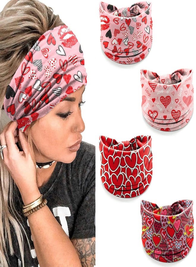 winthrop 4 Pcs Valentine's Day Headbands for Women - Red Pink Heart Love Hair Band, Stretchy Breathable Non-Slip Wide Headwrap for Holiday,Yoga, Running, Party, Costume Dress Up - Image 1