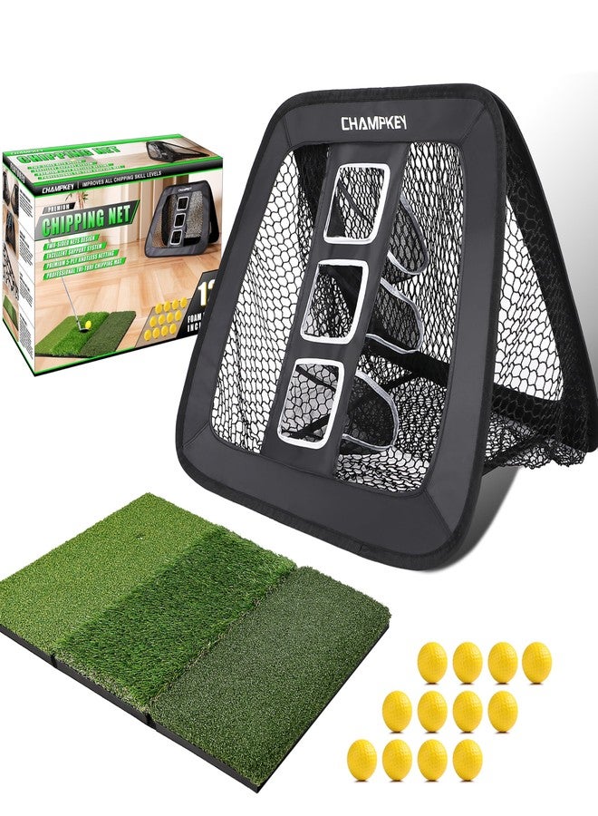CHAMPKEY Double Sided Golf Chipping Net Come with Tri-Turf Hitting Mat and 12 Foam Golf Balls - 5 Ply-Knotless Netting Golf Targets System Ideal for Short and Long Distance Training (Standard Version) - Image 1