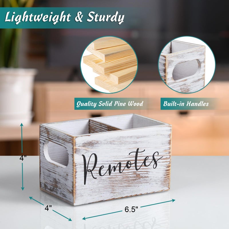 DRASTAR Remote Control Holder, Retro White TV Remote Holder, Remote Organizer Caddy for Table, Wooden Remote Box for Nightstand, Remote Caddy with 2 Slots - Image 2