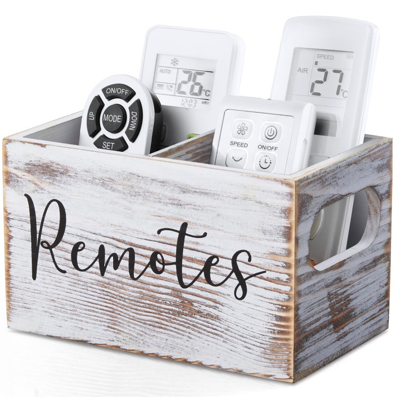 DRASTAR Remote Control Holder, Retro White TV Remote Holder, Remote Organizer Caddy for Table, Wooden Remote Box for Nightstand, Remote Caddy with 2 Slots - Image 1