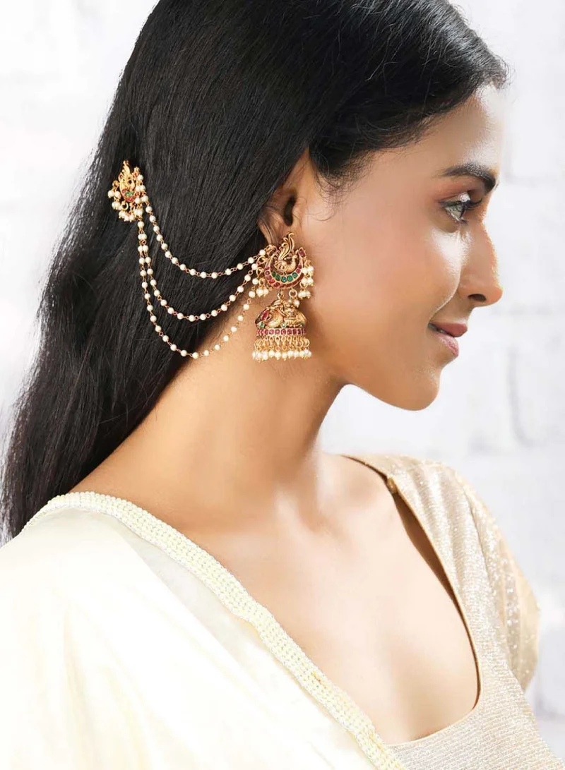Priyaasi Plated White Stones Beaded Peacock Chained Jhumkas Earrings